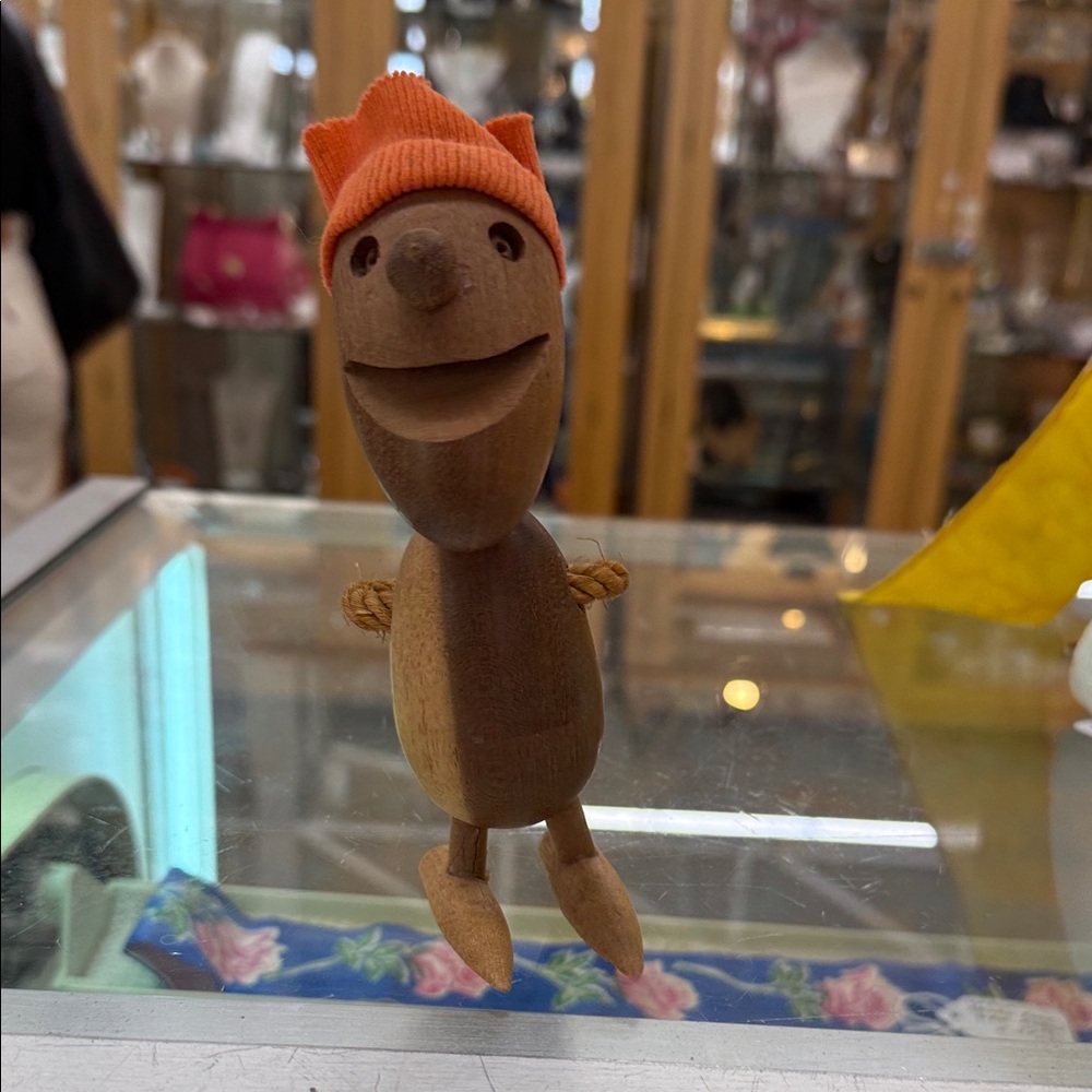 Vintage Wooden Hand-Carved Figurine with Orange Knit Hat